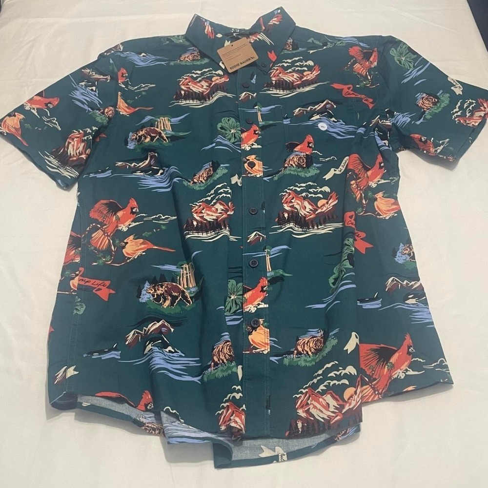 Eddie Bauer Baja Shirt Men's XL NWT Outdoor Camp Button Up Cardinal Bear Print